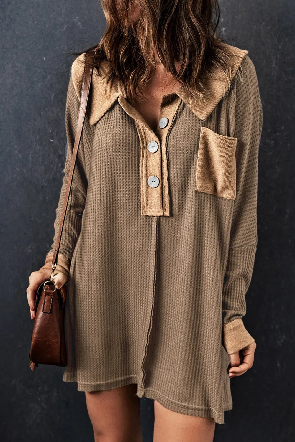 Woman wearing The Waffle Button waffle-knit button-front dress, a back-to-school teacher outfit essential