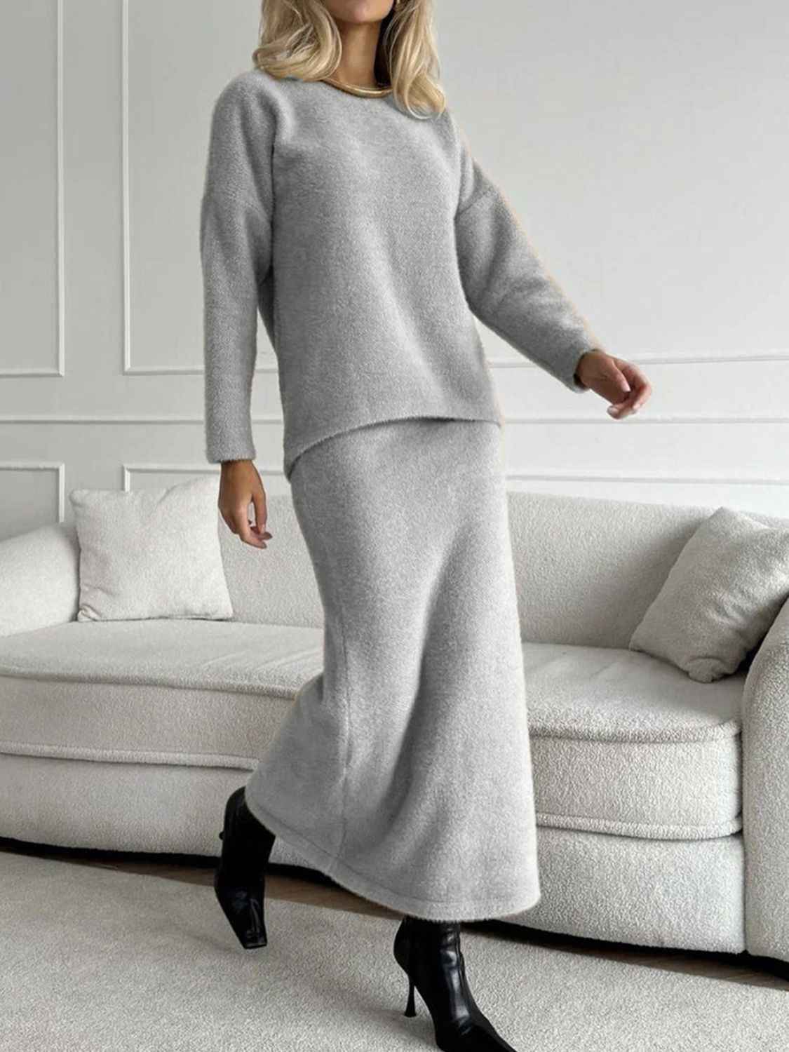Top and Midi Skirt Sweater Set