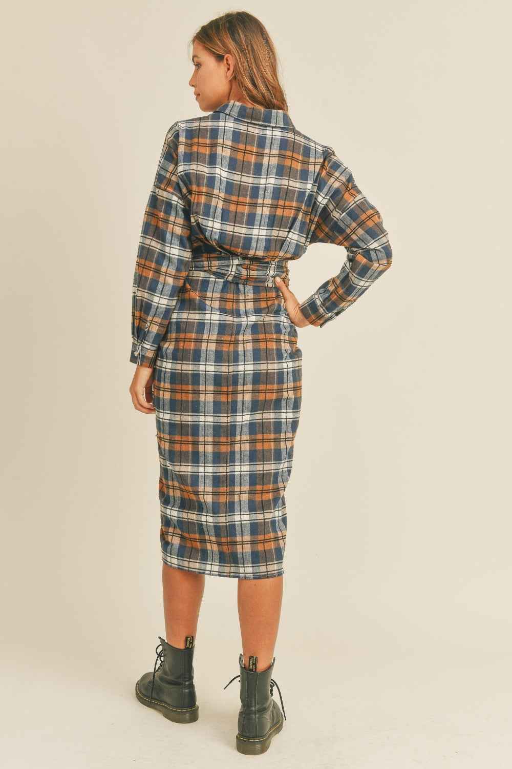 Flannel Front Tie Button Shirt Dress