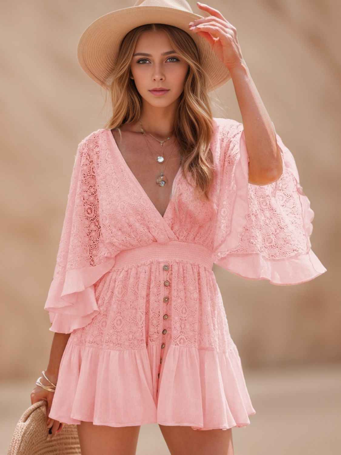 Ruffle Tie Back Lace Mini Dress