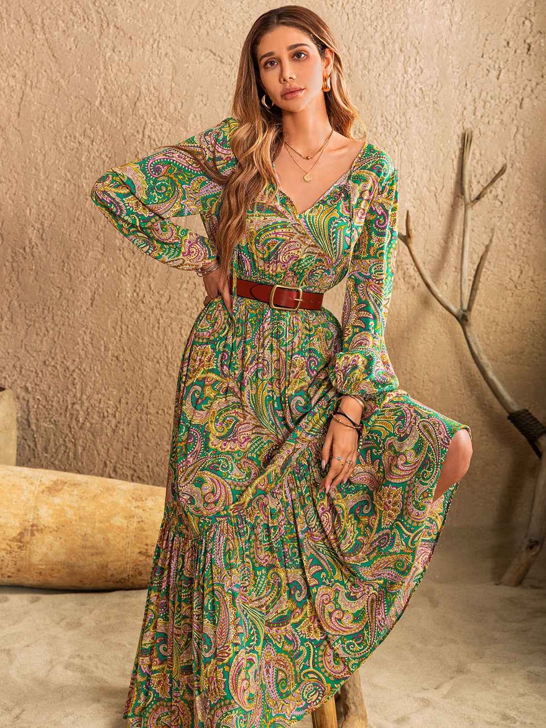 Printed Tie Neck Long Dress