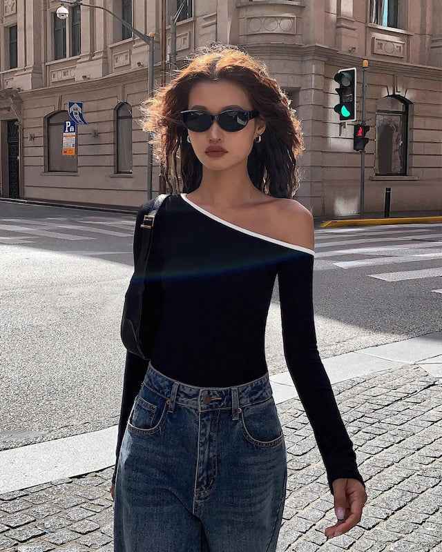 Contrast Trim One Shoulder Top