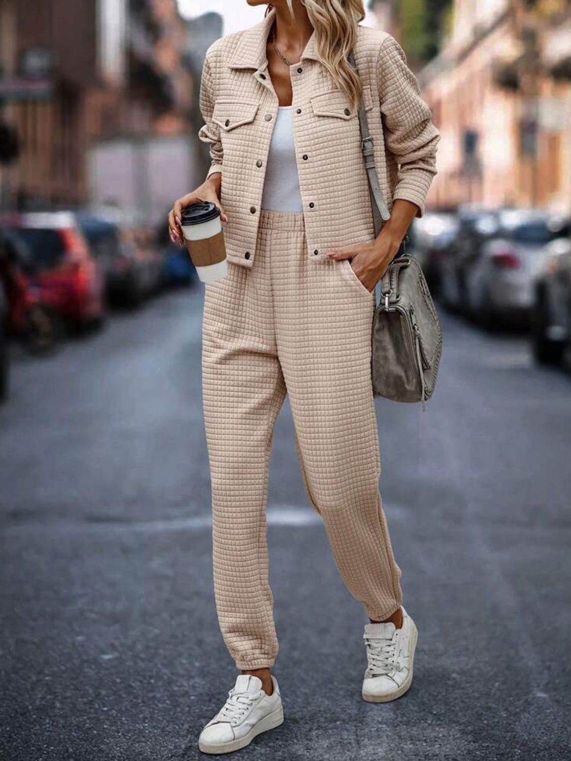 Plaid Texture Snap Down Top and Pants Set - HOORR