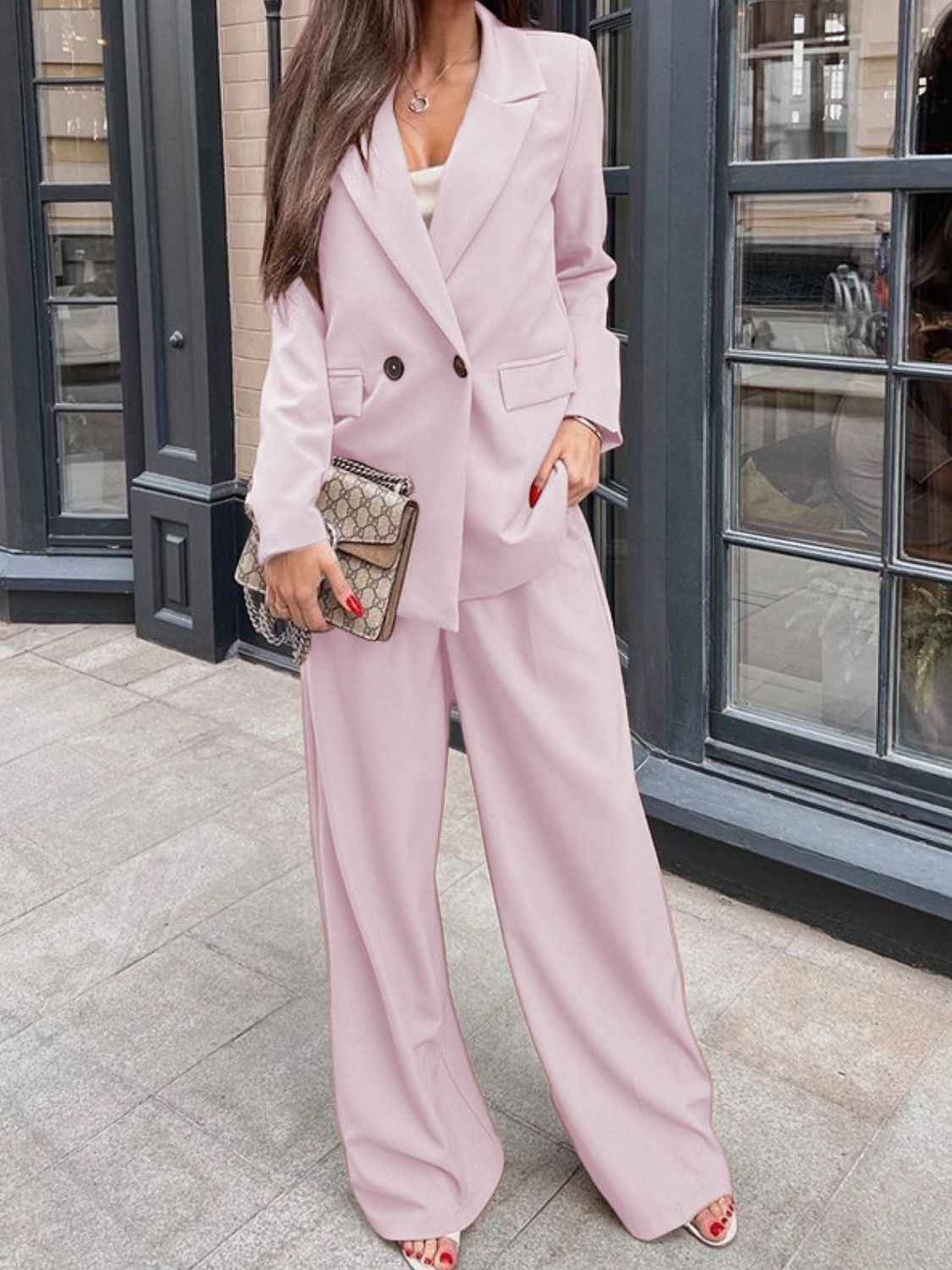 Buttoned Lapel Blazer and Pants Set