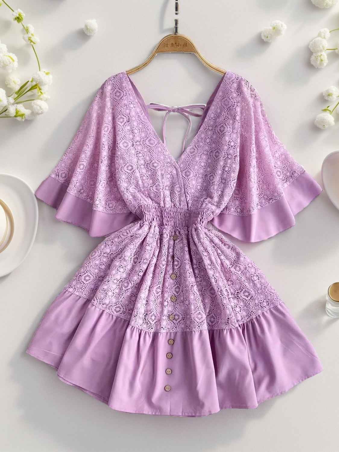 Ruffle Tie Back Lace Mini Dress