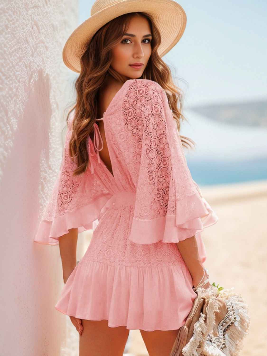 Ruffle Tie Back Lace Mini Dress