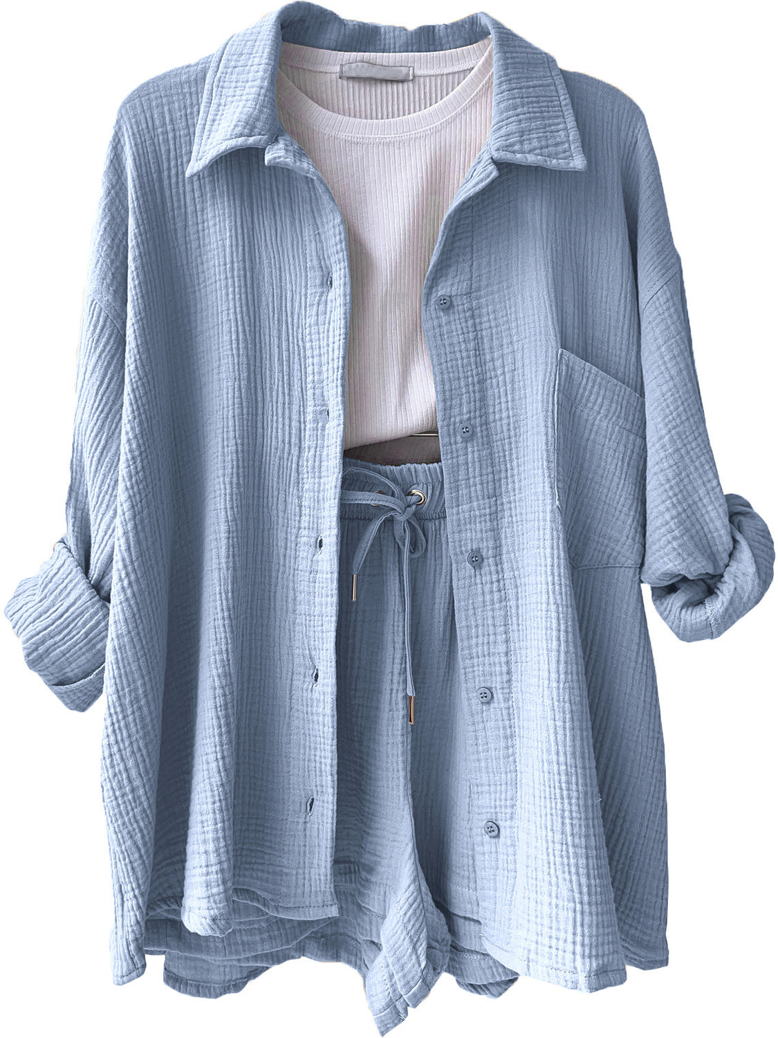 Texture Button Up Shirt Shorts Set - HOORR