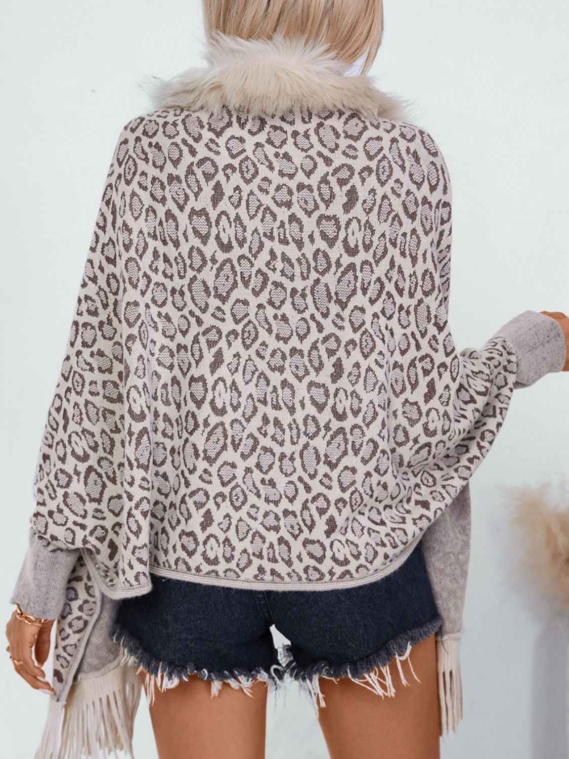 Fringe Leopard Sleeve Poncho