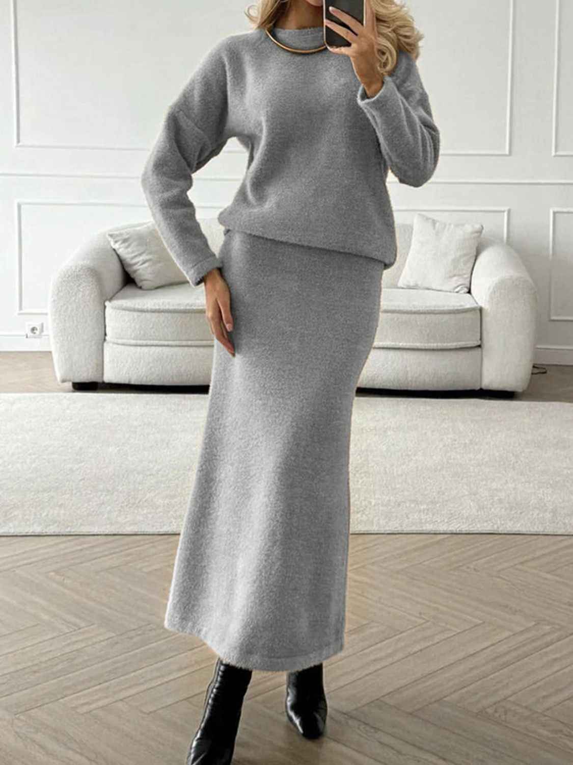 Top and Midi Skirt Sweater Set