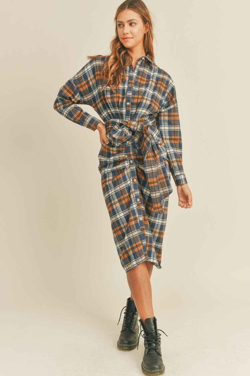 Flannel Front Tie Button Shirt Dress