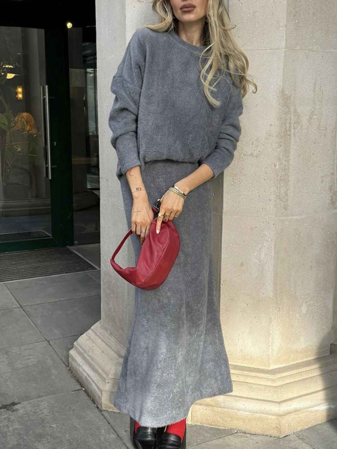 Top and Midi Skirt Sweater Set