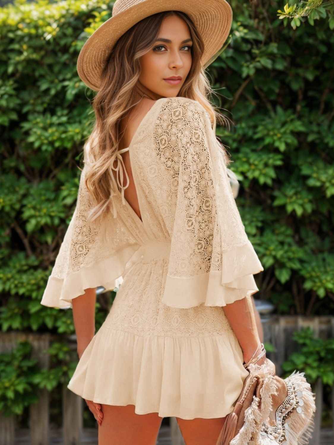 Ruffle Tie Back Lace Mini Dress