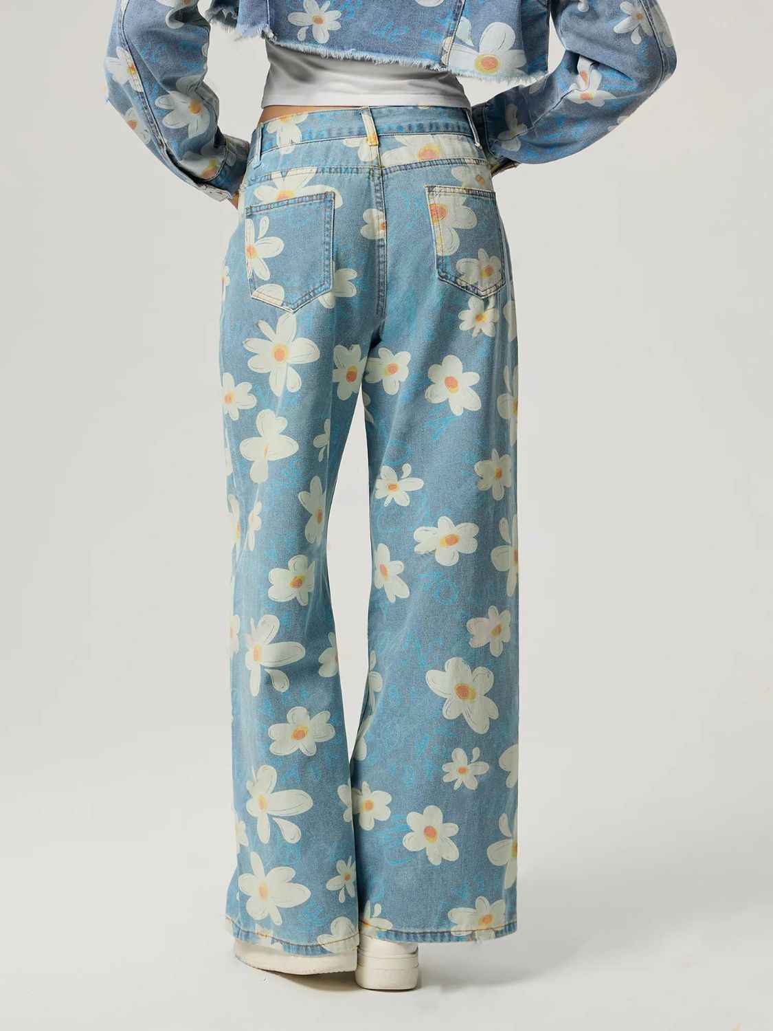 Pocketed Floral Wide Leg Jeans