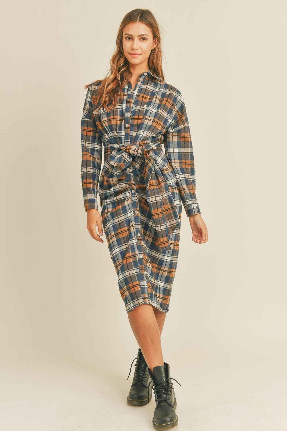 Flannel Front Tie Button Shirt Dress