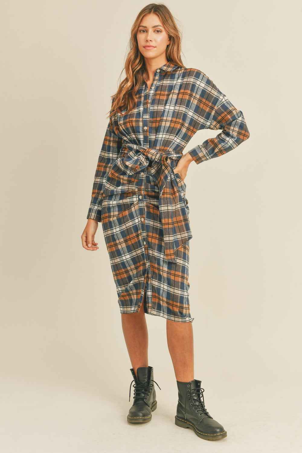 Flannel Front Tie Button Shirt Dress