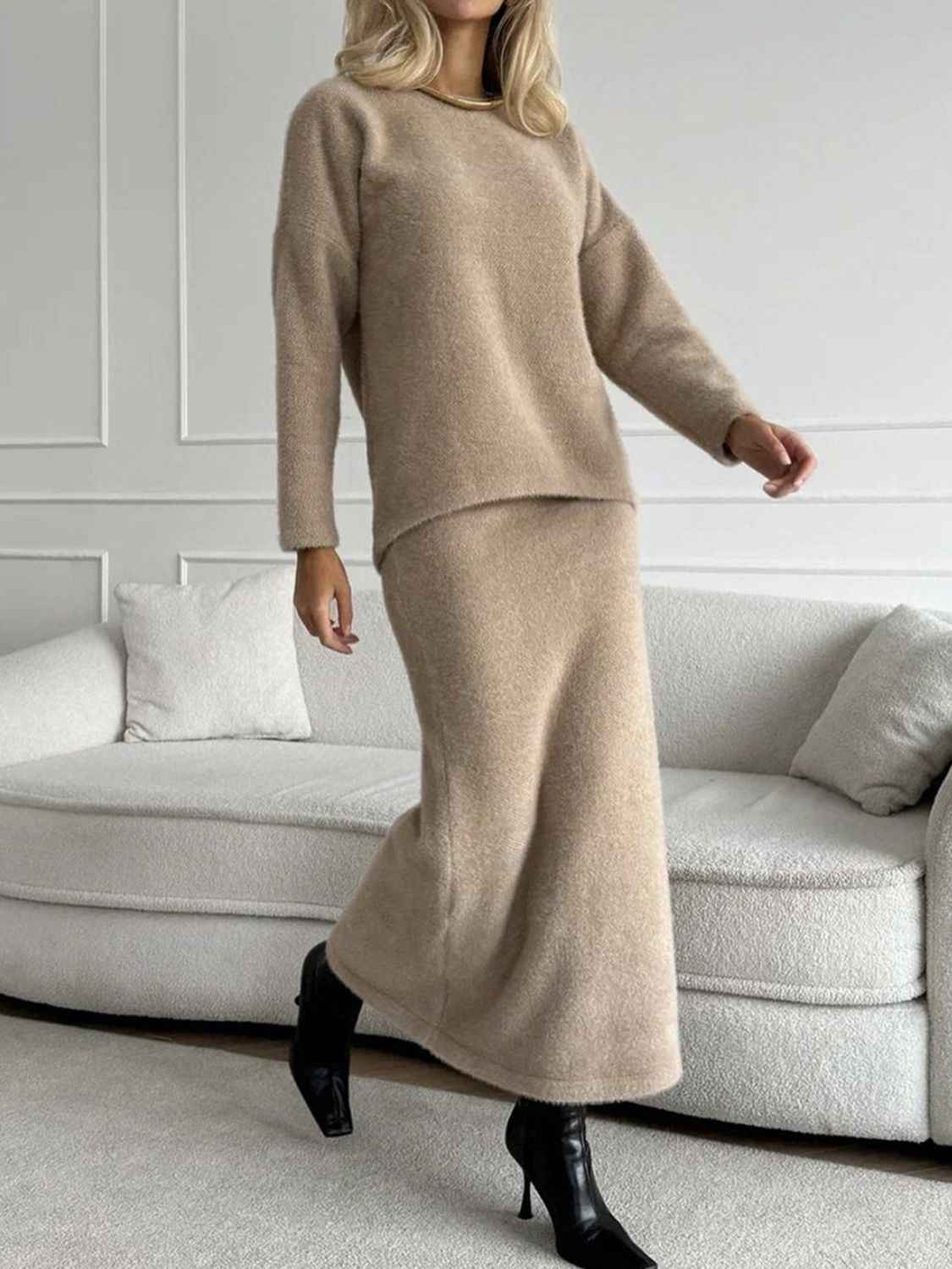 Top and Midi Skirt Sweater Set
