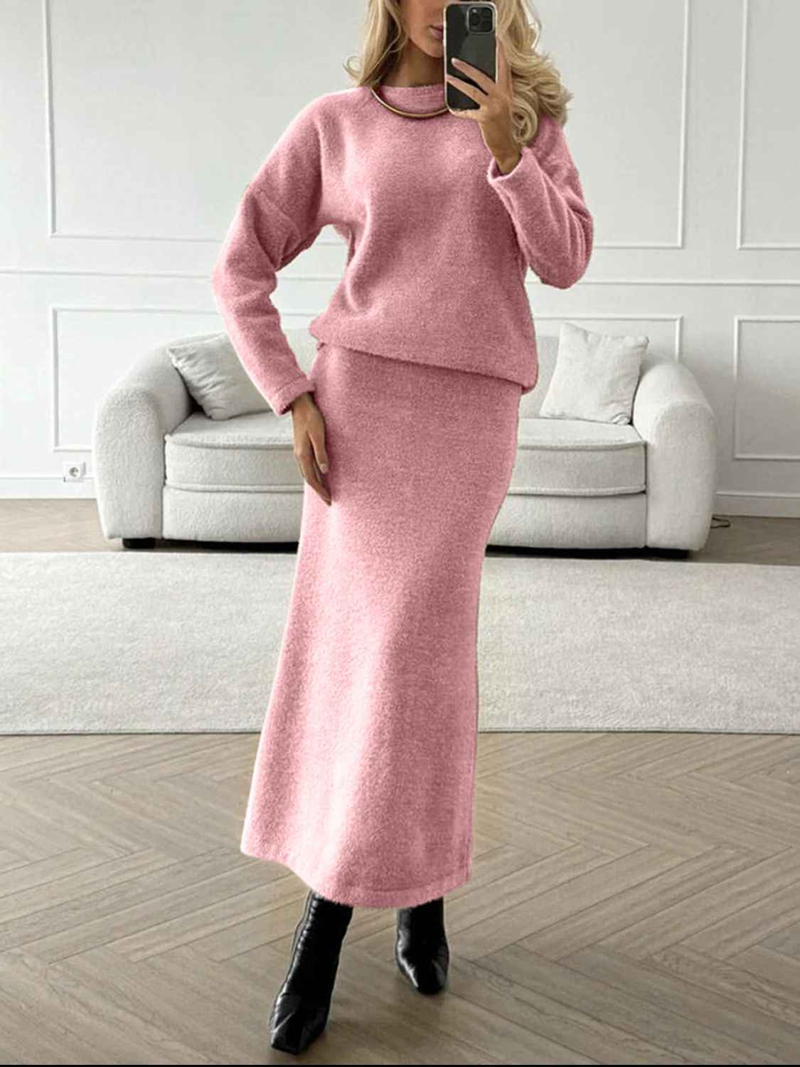 Top and Midi Skirt Sweater Set