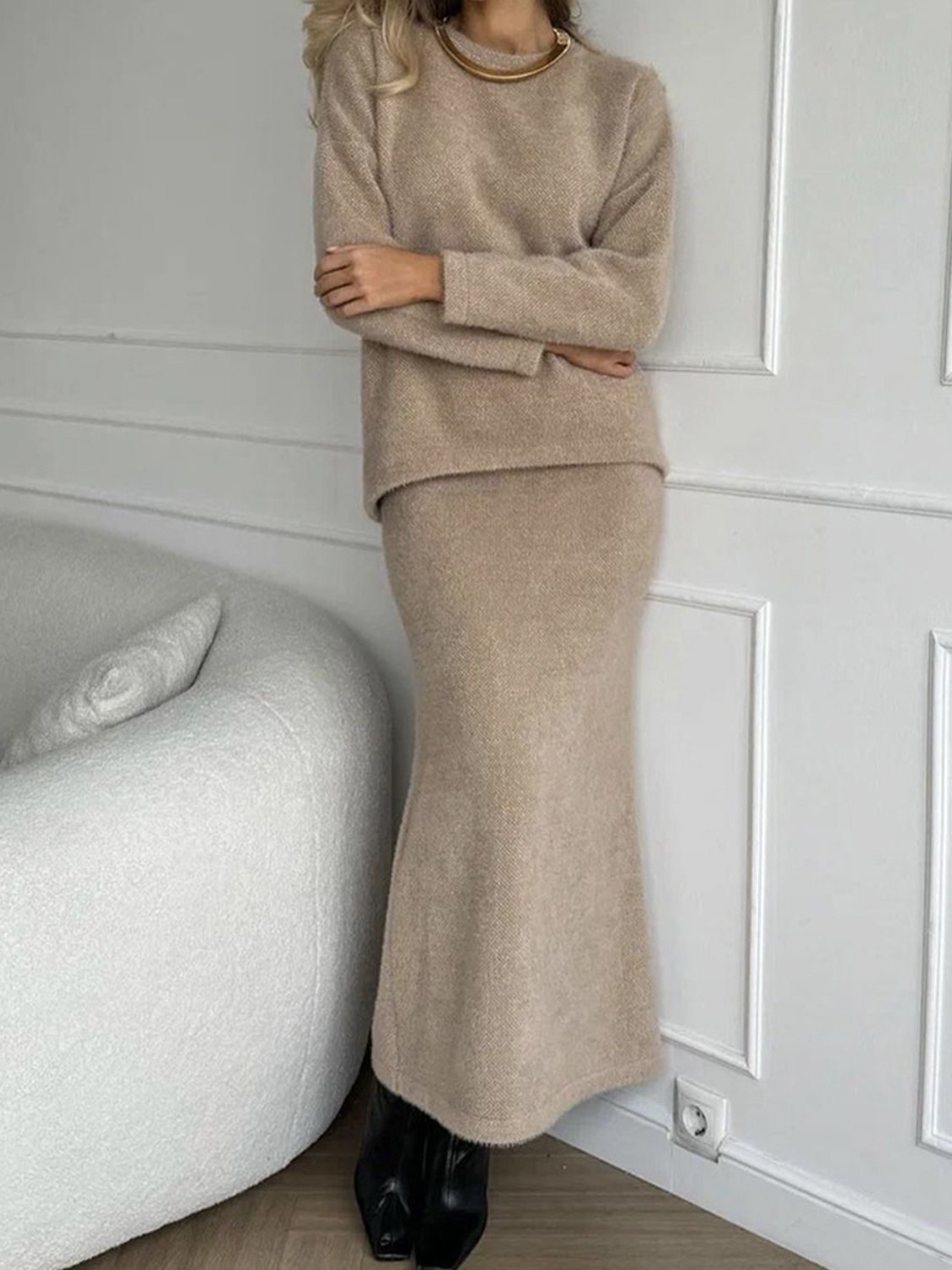 Top and Midi Skirt Sweater Set - HOORR