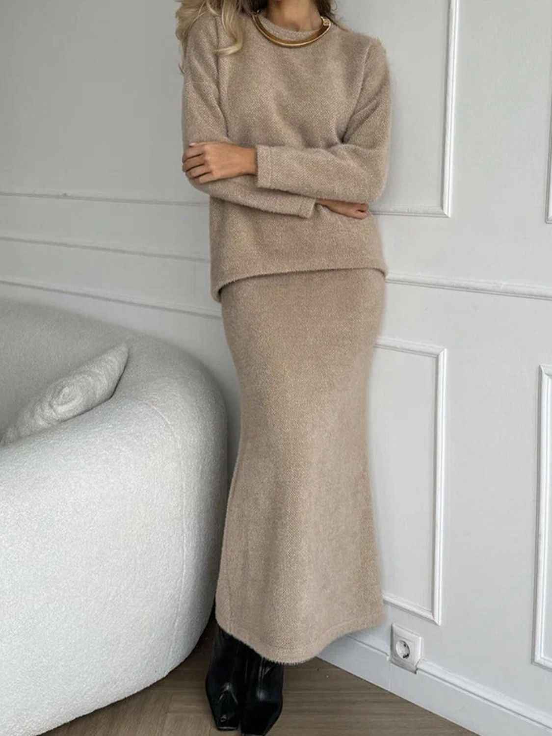 Top and Midi Skirt Sweater Set