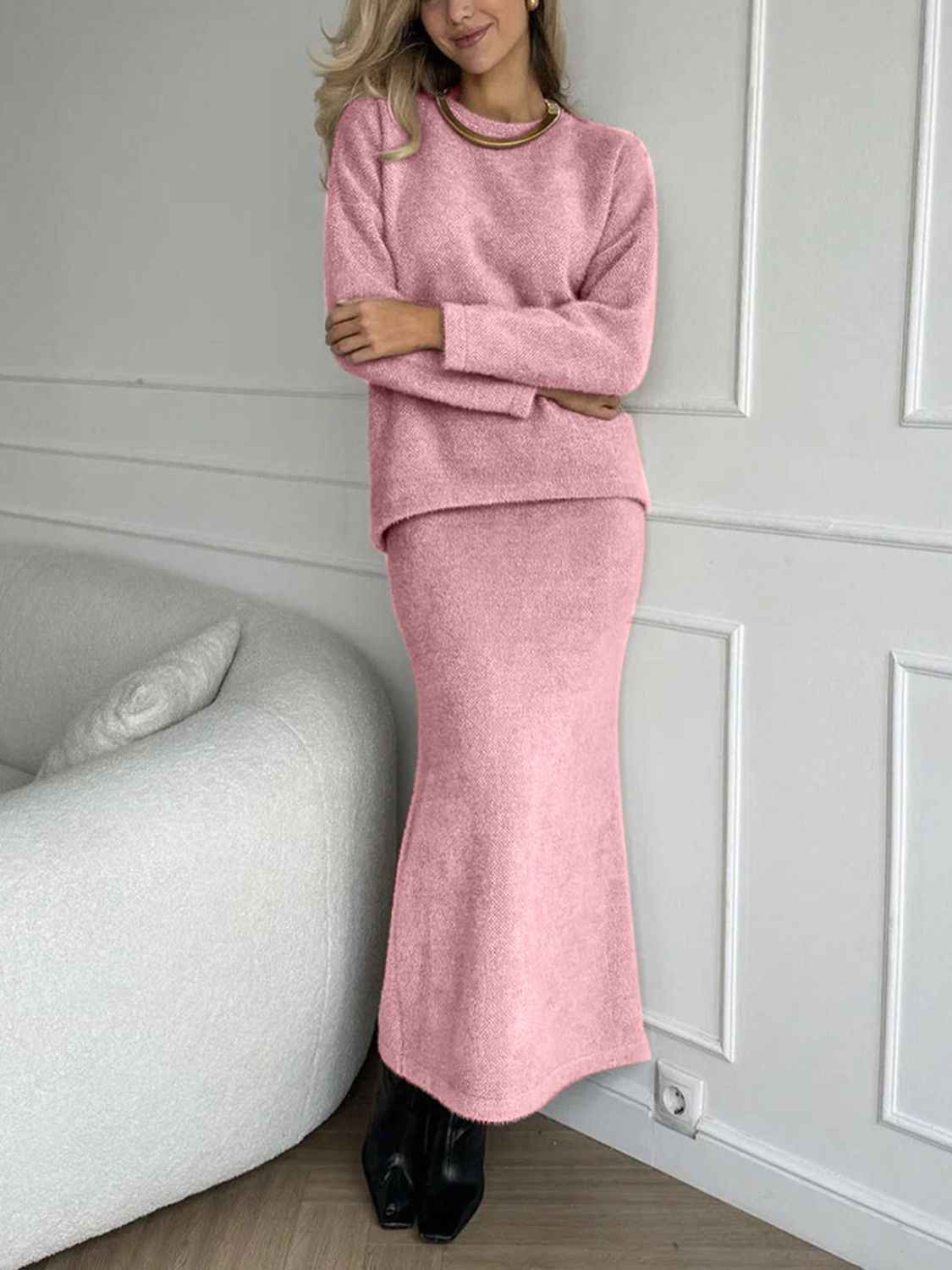 Top and Midi Skirt Sweater Set