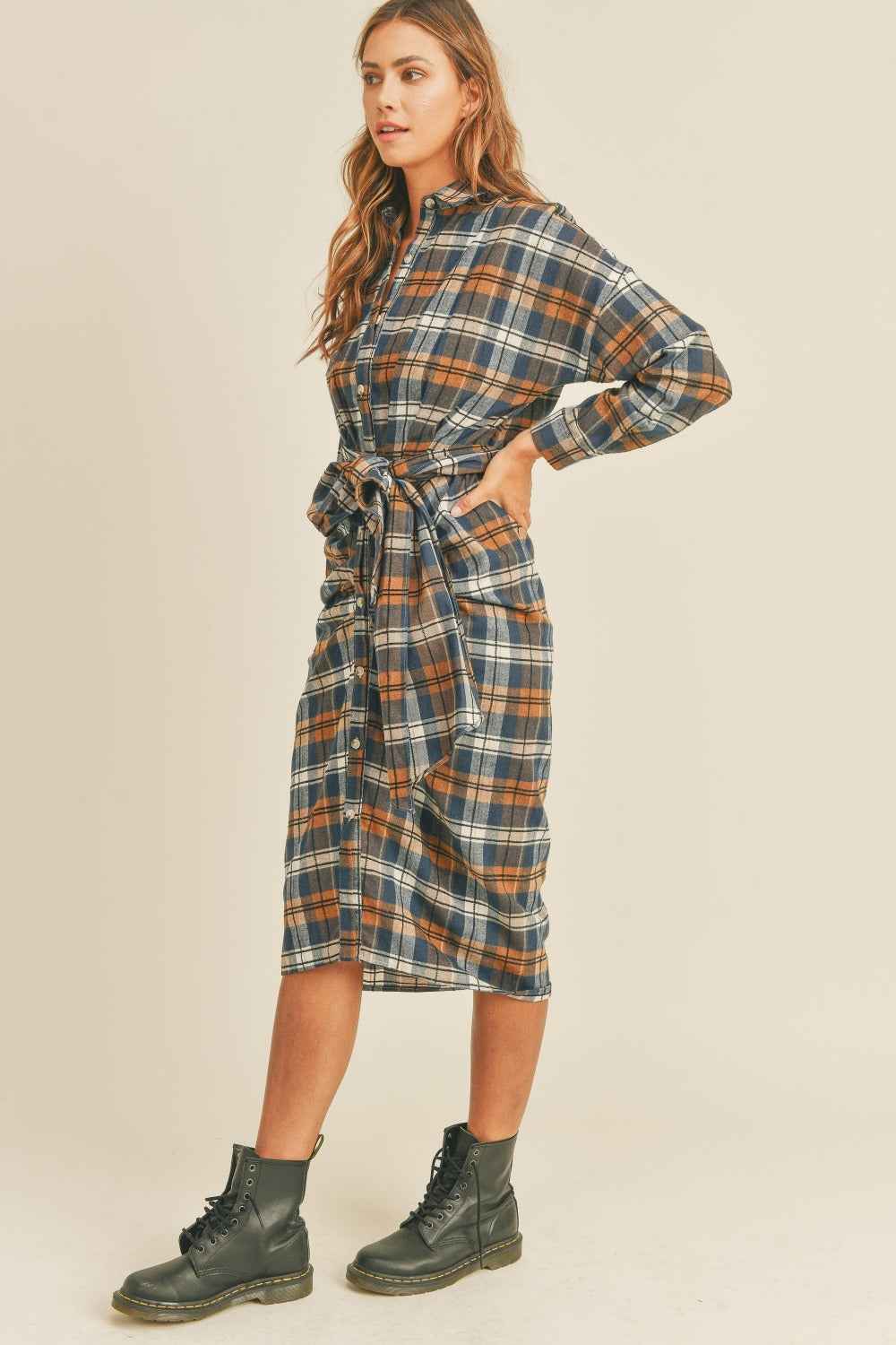 Flannel Front Tie Button Shirt Dress