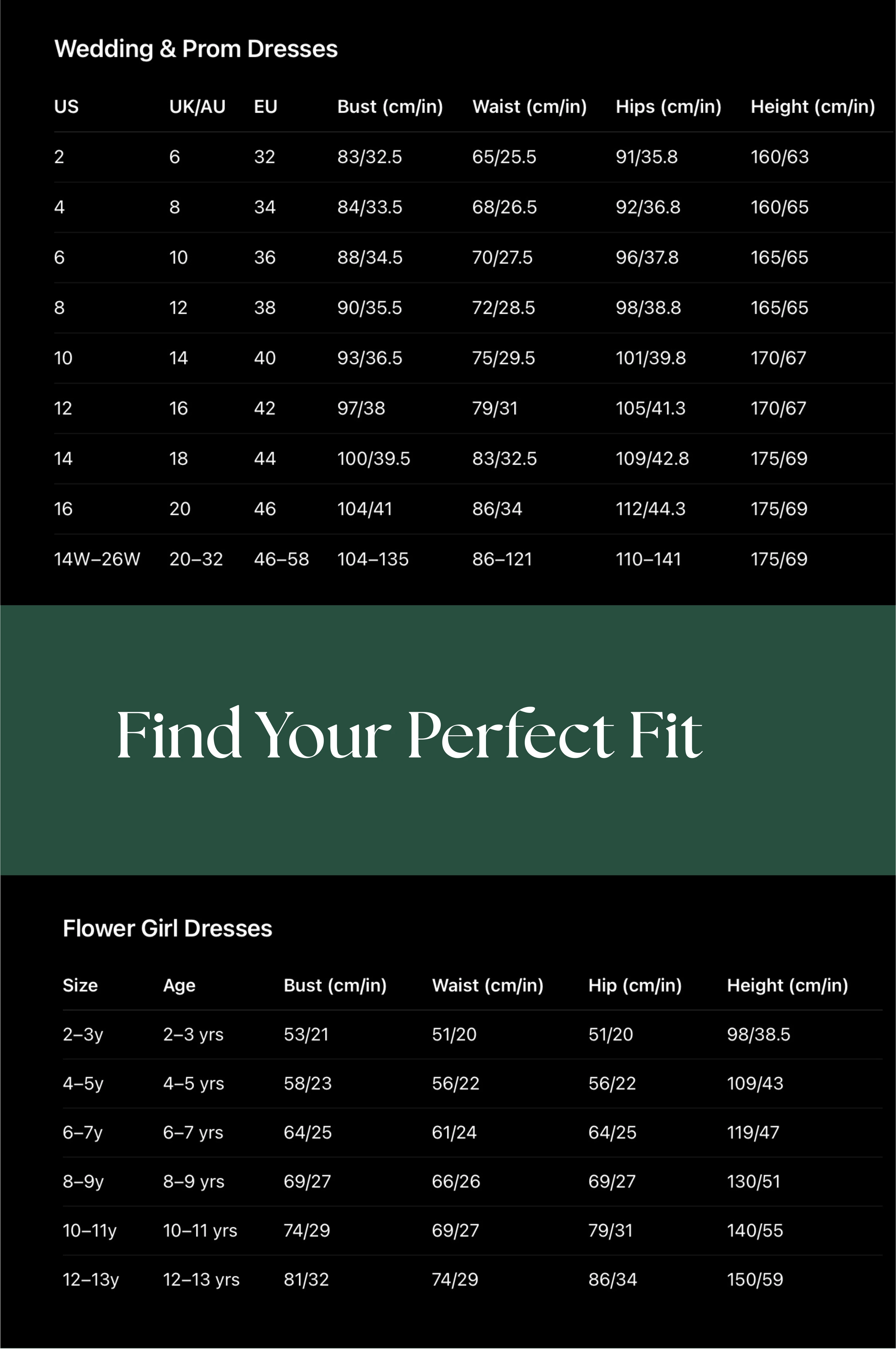 Size chart for wedding and prom dresses with measurements in centimeters.