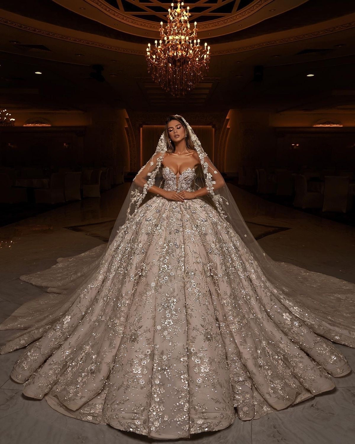 Sequin Lace Strapless Ball Gown Wedding
