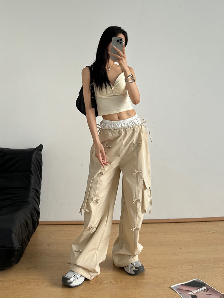 Bow Elastic Waist Cargo Pants - HOORR