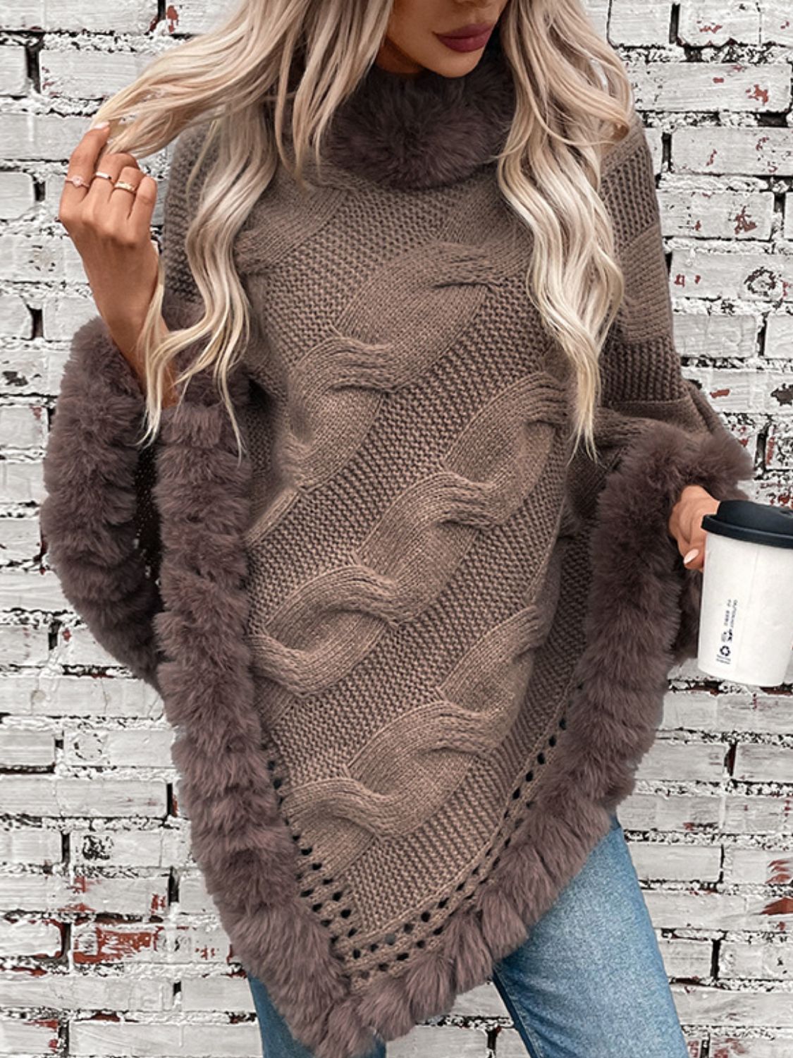 Fuzzy Hem Cable-Knit Poncho - HOORR