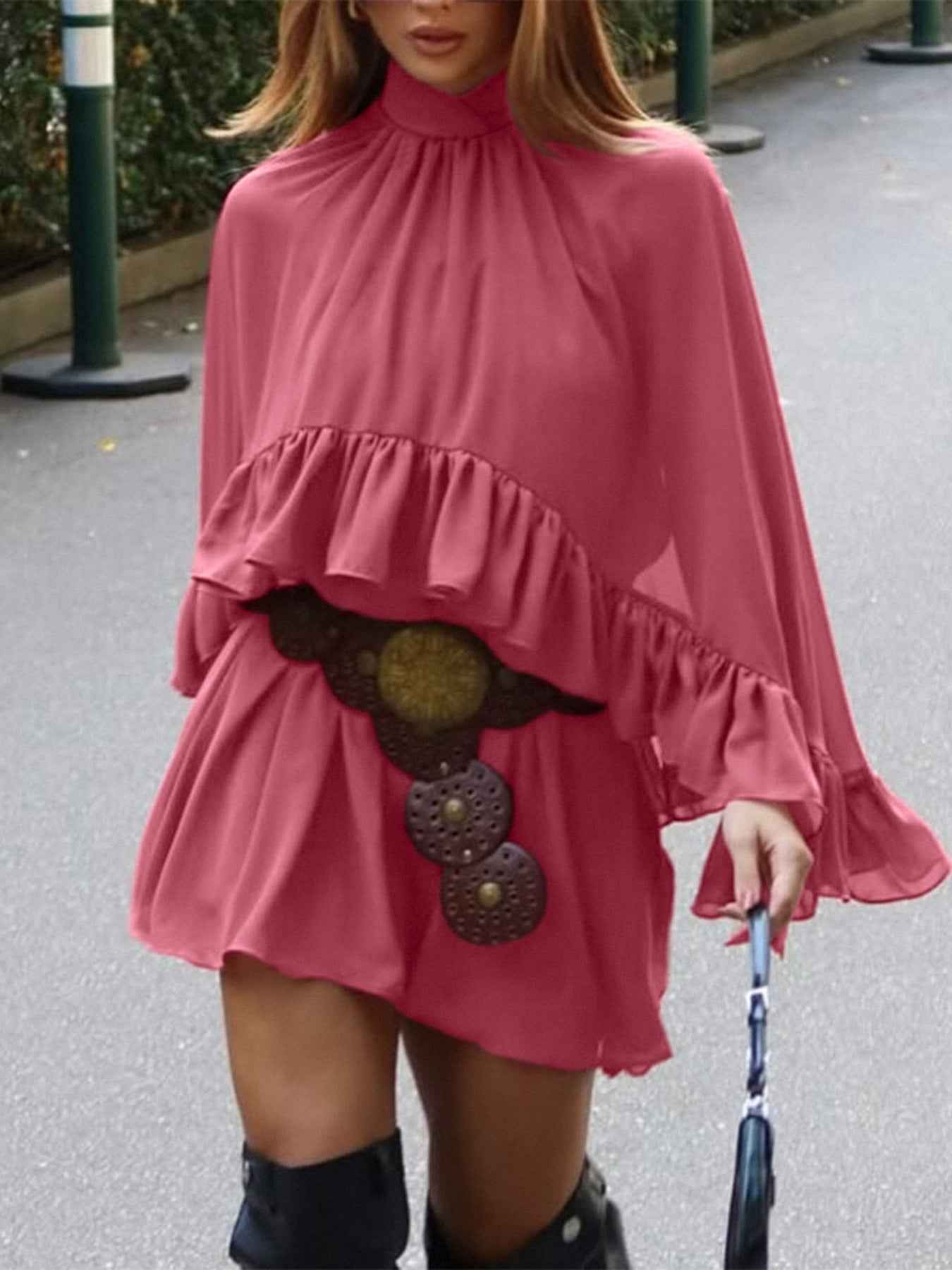 Ruffle Trim High Neck Mini Dress