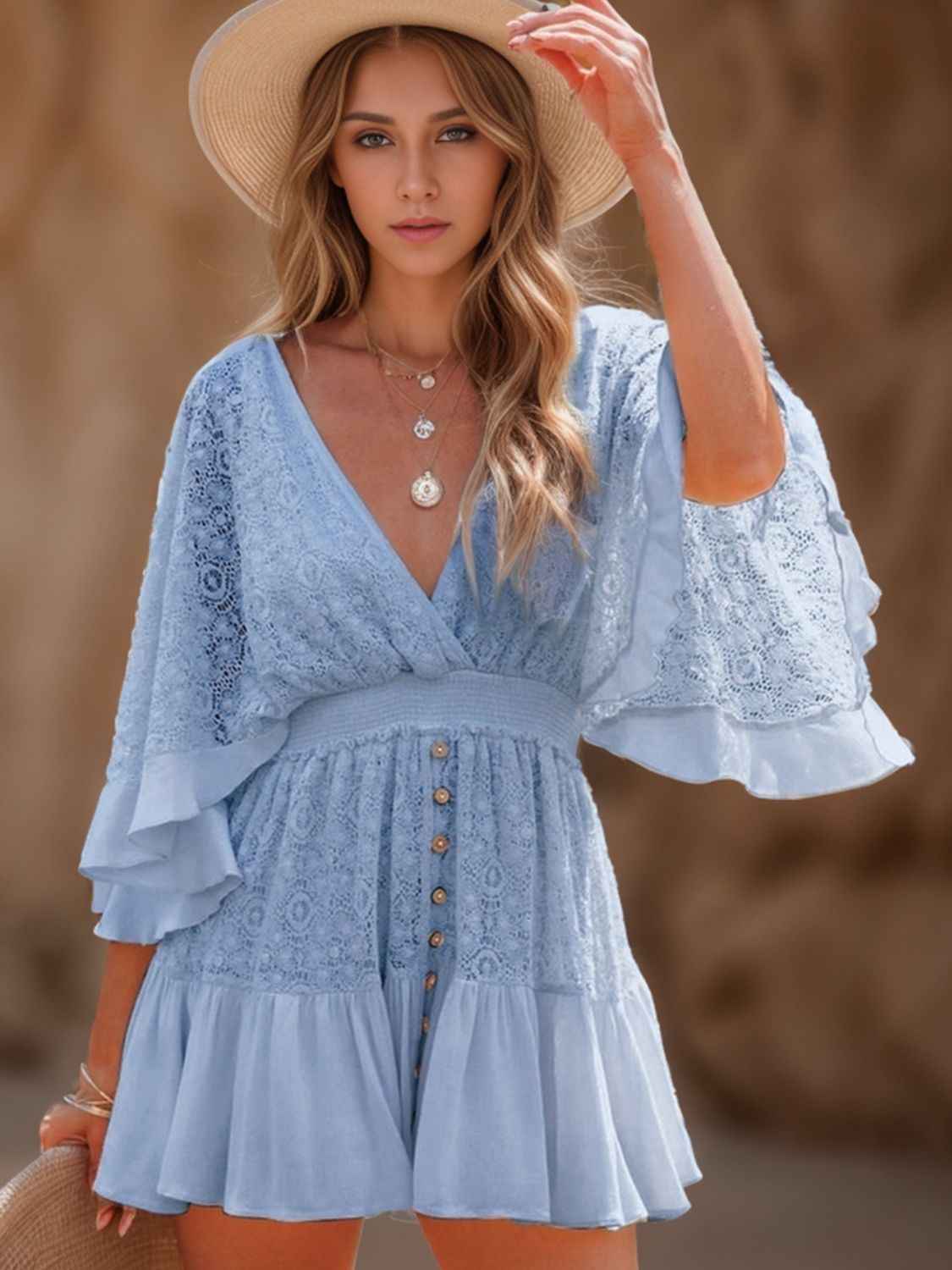 Ruffle Tie Back Lace Mini Dress