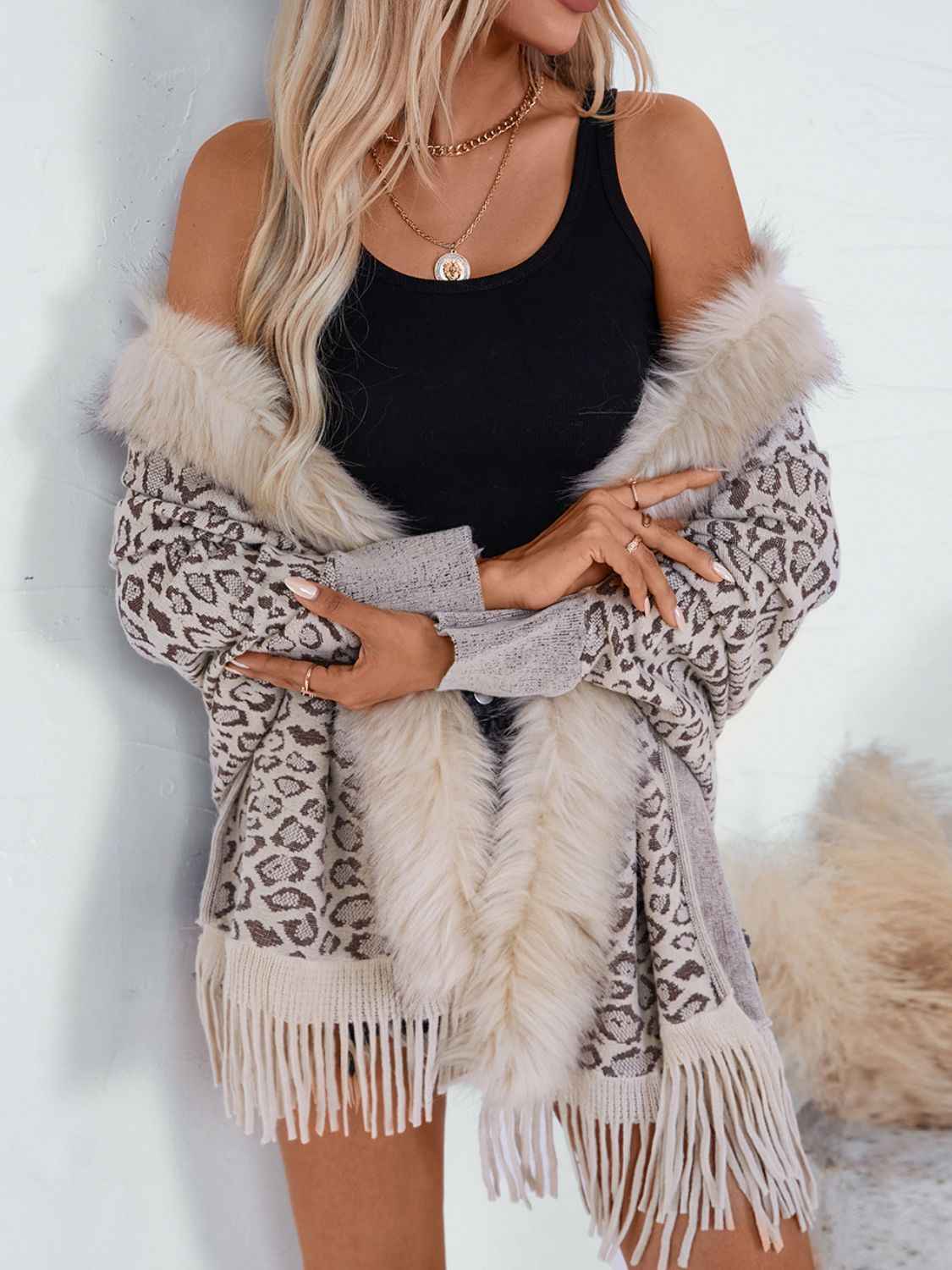 Fringe Leopard Sleeve Poncho