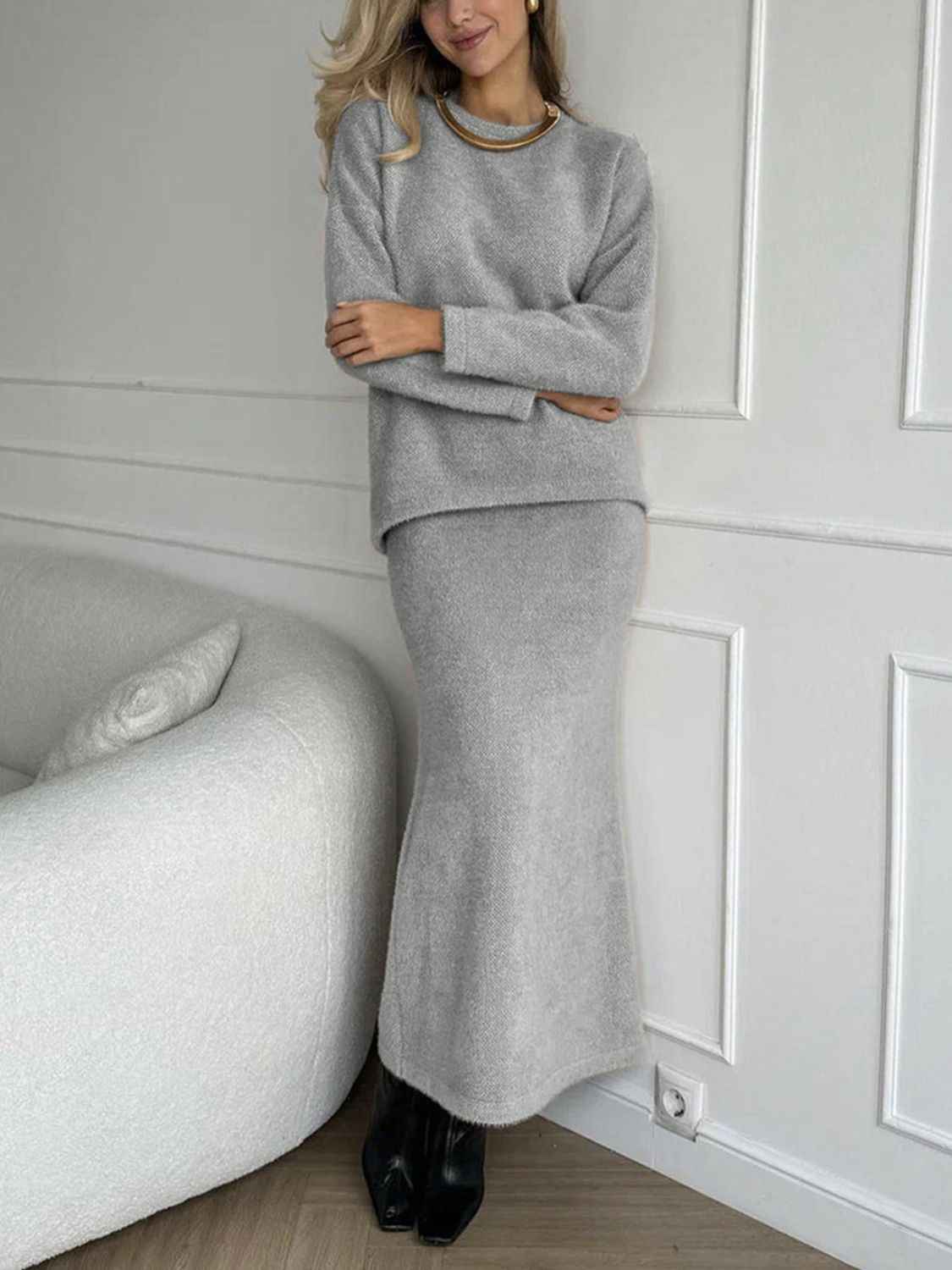Top and Midi Skirt Sweater Set