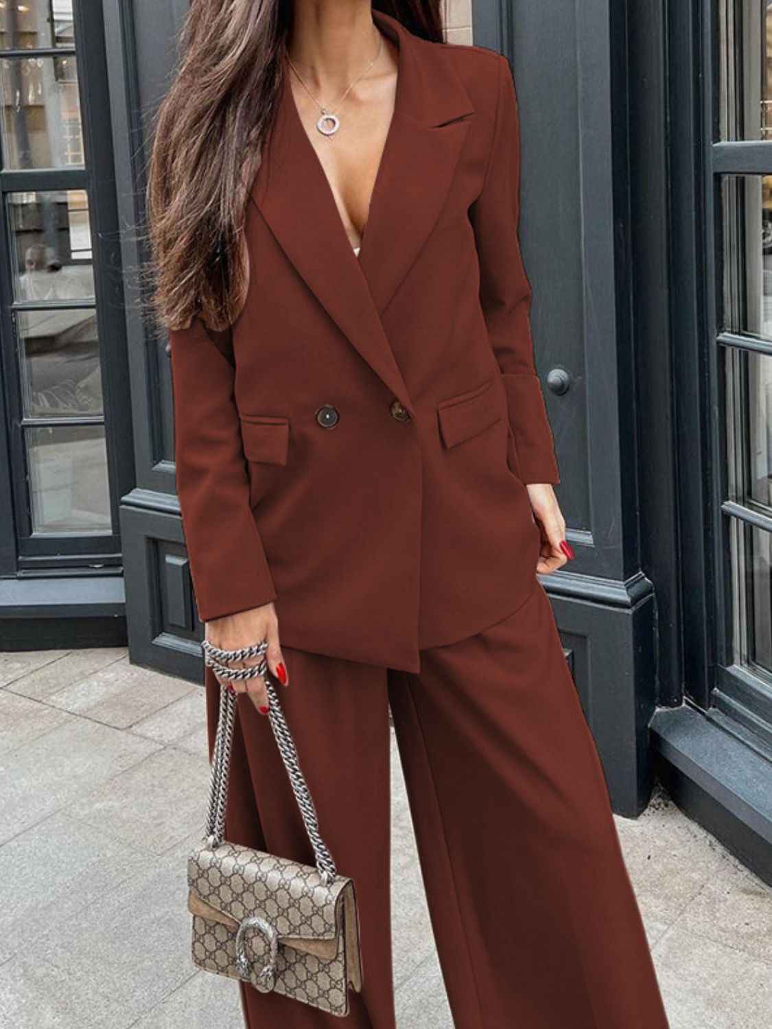 Buttoned Lapel Blazer and Pants Set
