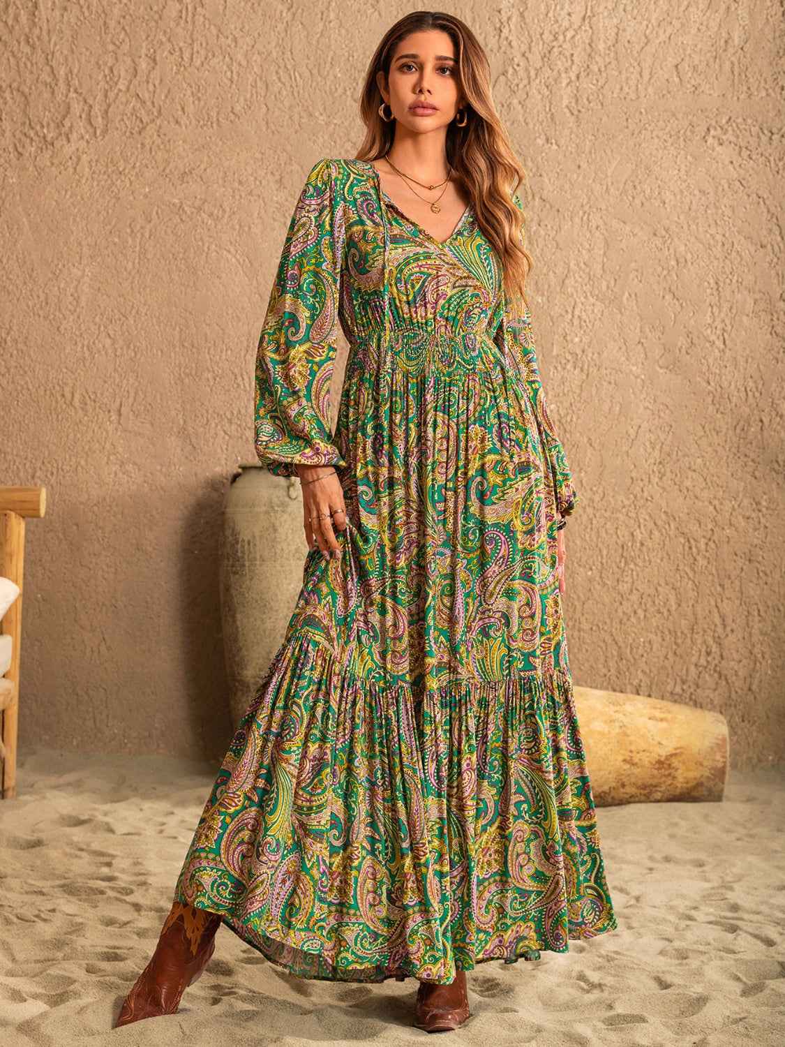 Printed Tie Neck Long Dress