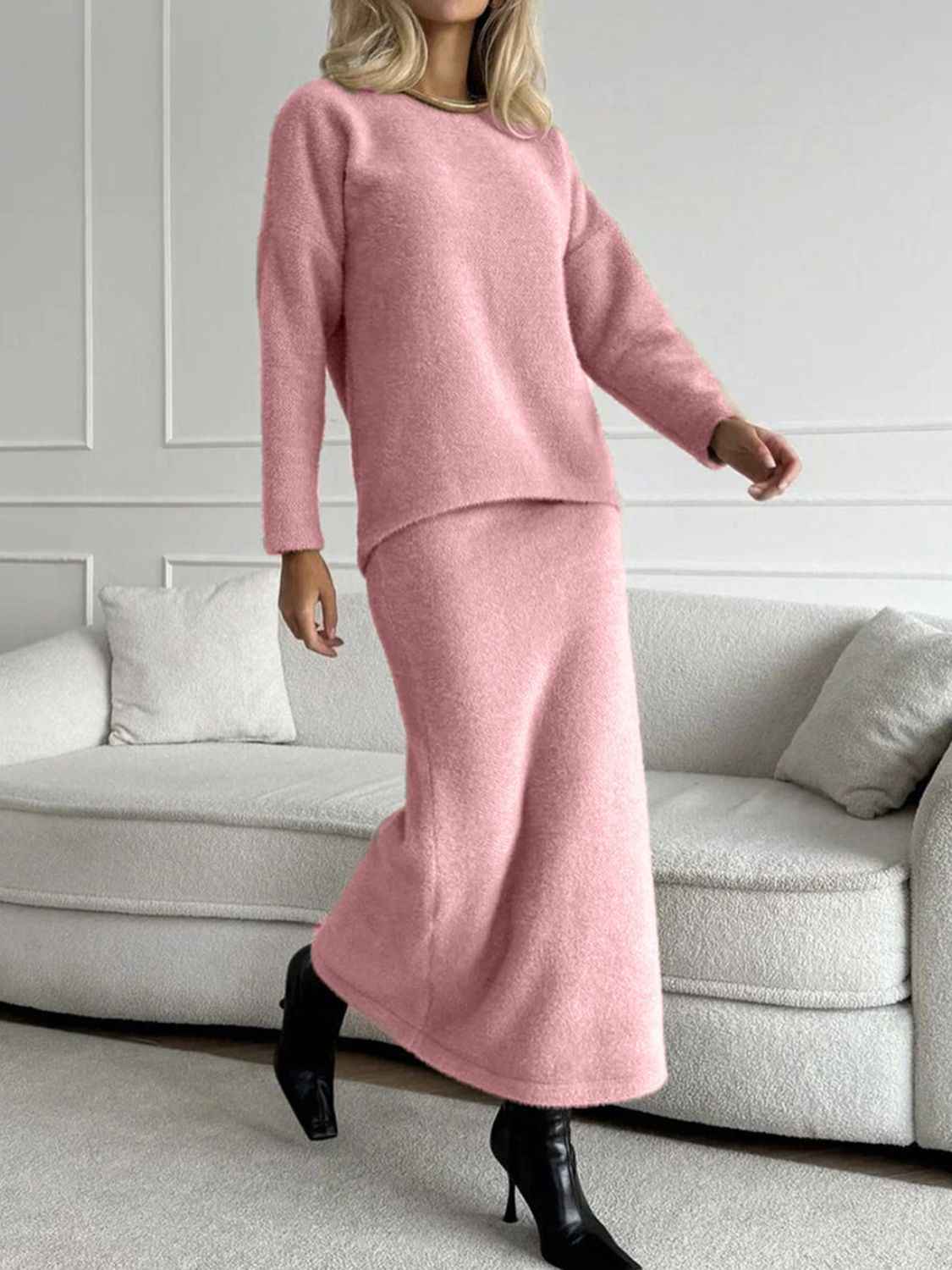 Top and Midi Skirt Sweater Set