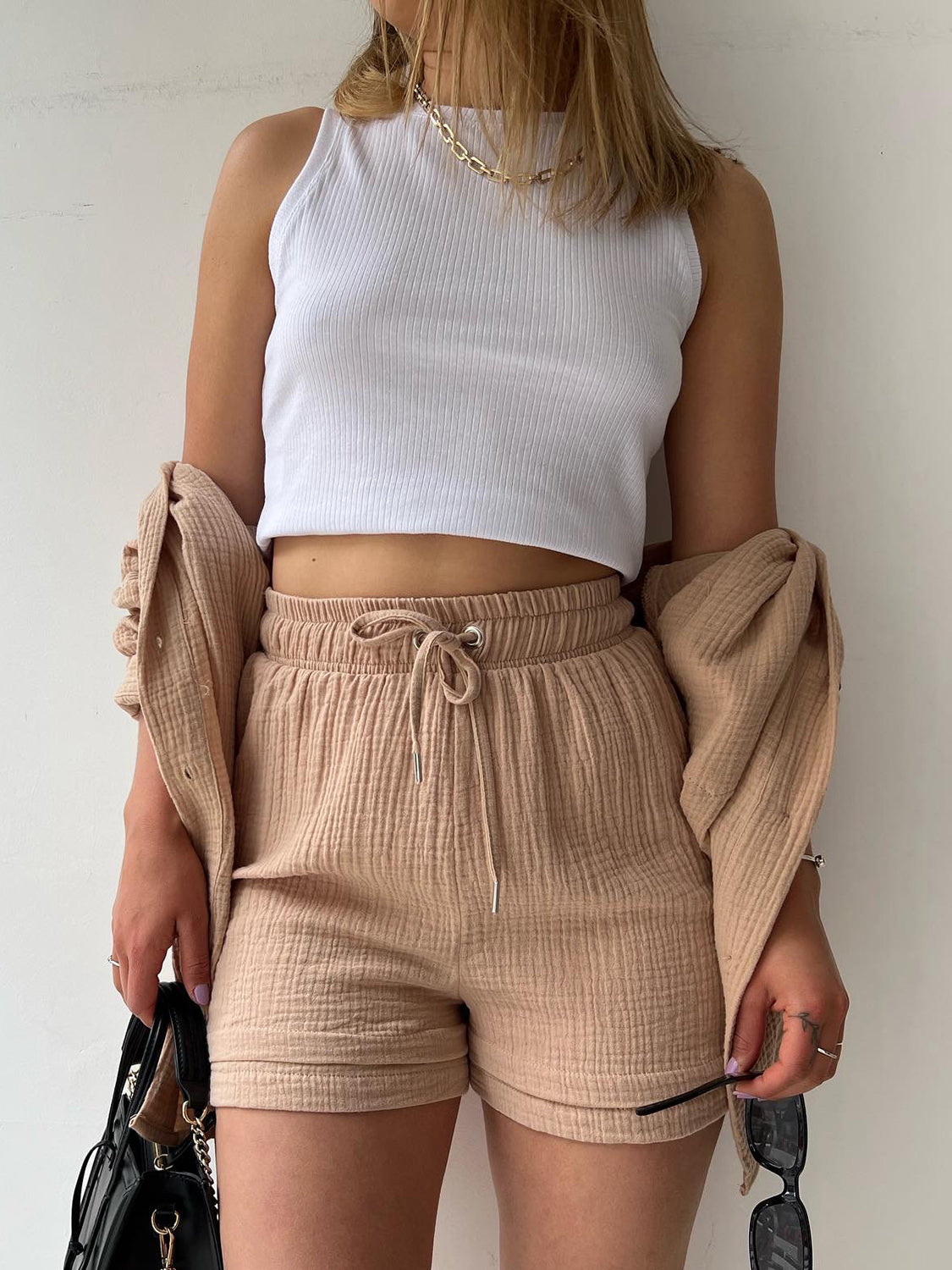 Texture Button Up Shirt Shorts Set - HOORR