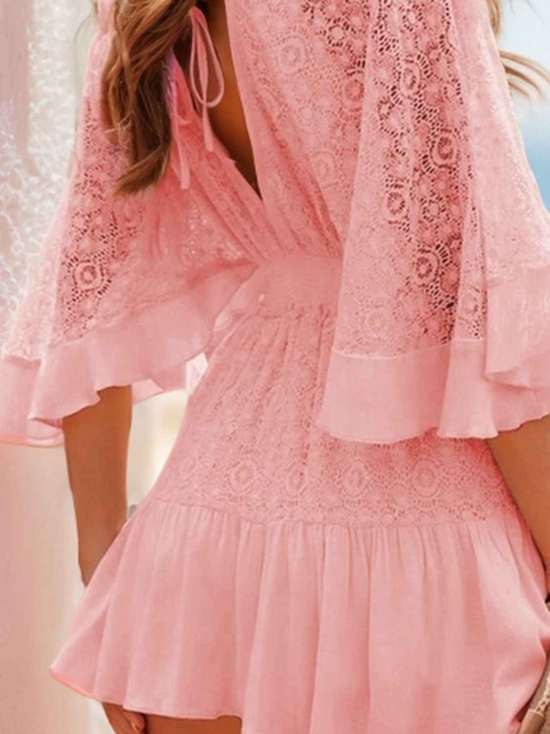 Ruffle Tie Back Lace Mini Dress