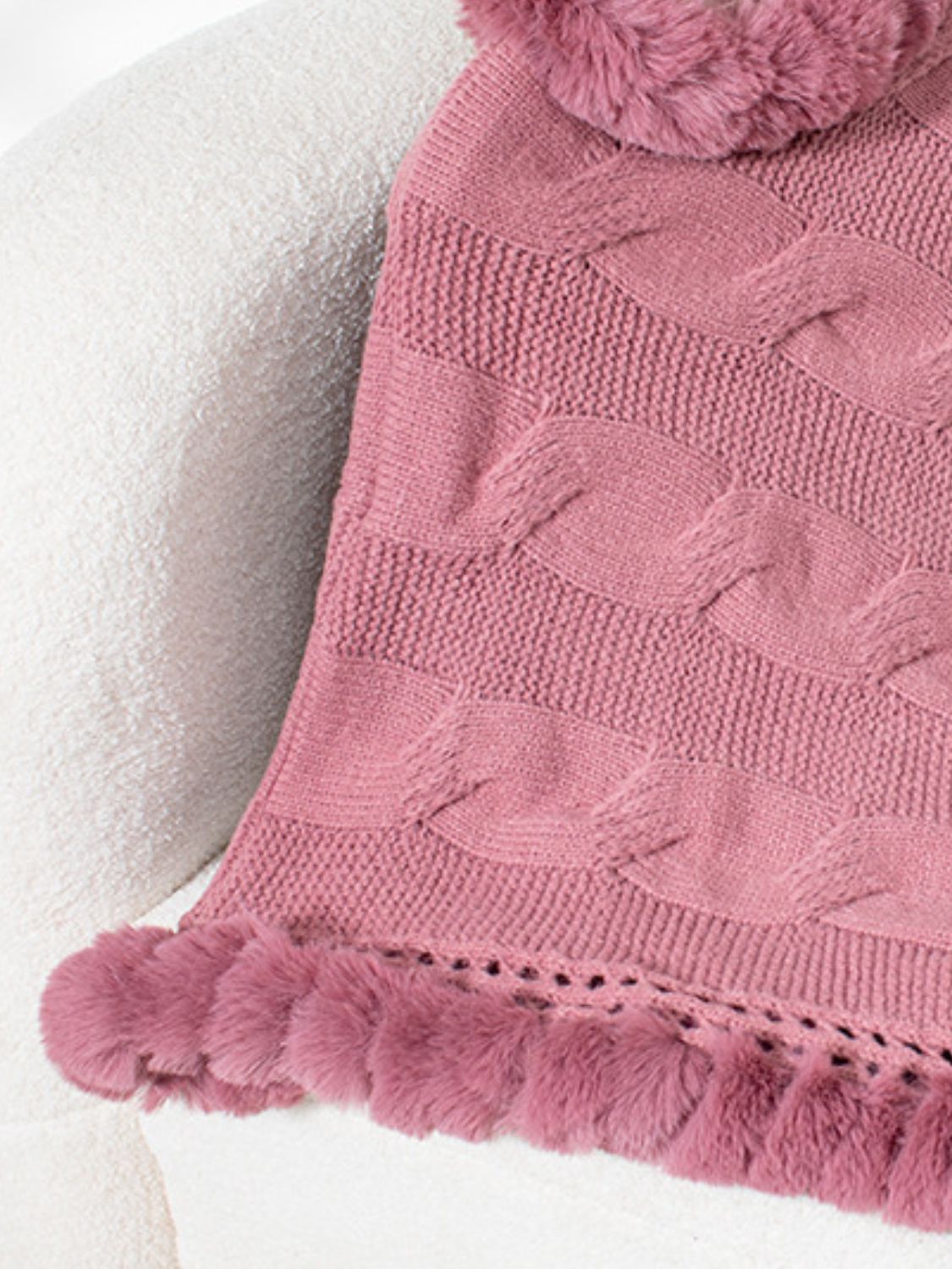Fuzzy Hem Cable-Knit Poncho - HOORR