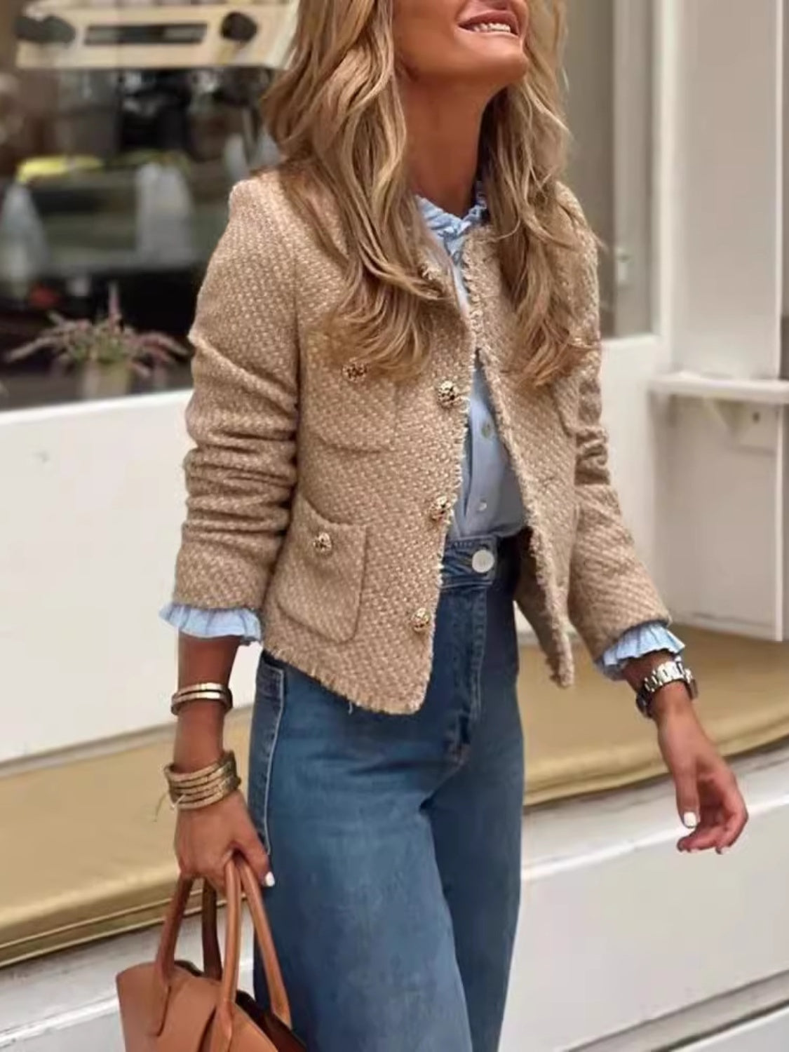 The Off-Duty Jacket by HOORR, a buttoned camel jacket with raw hem and pockets