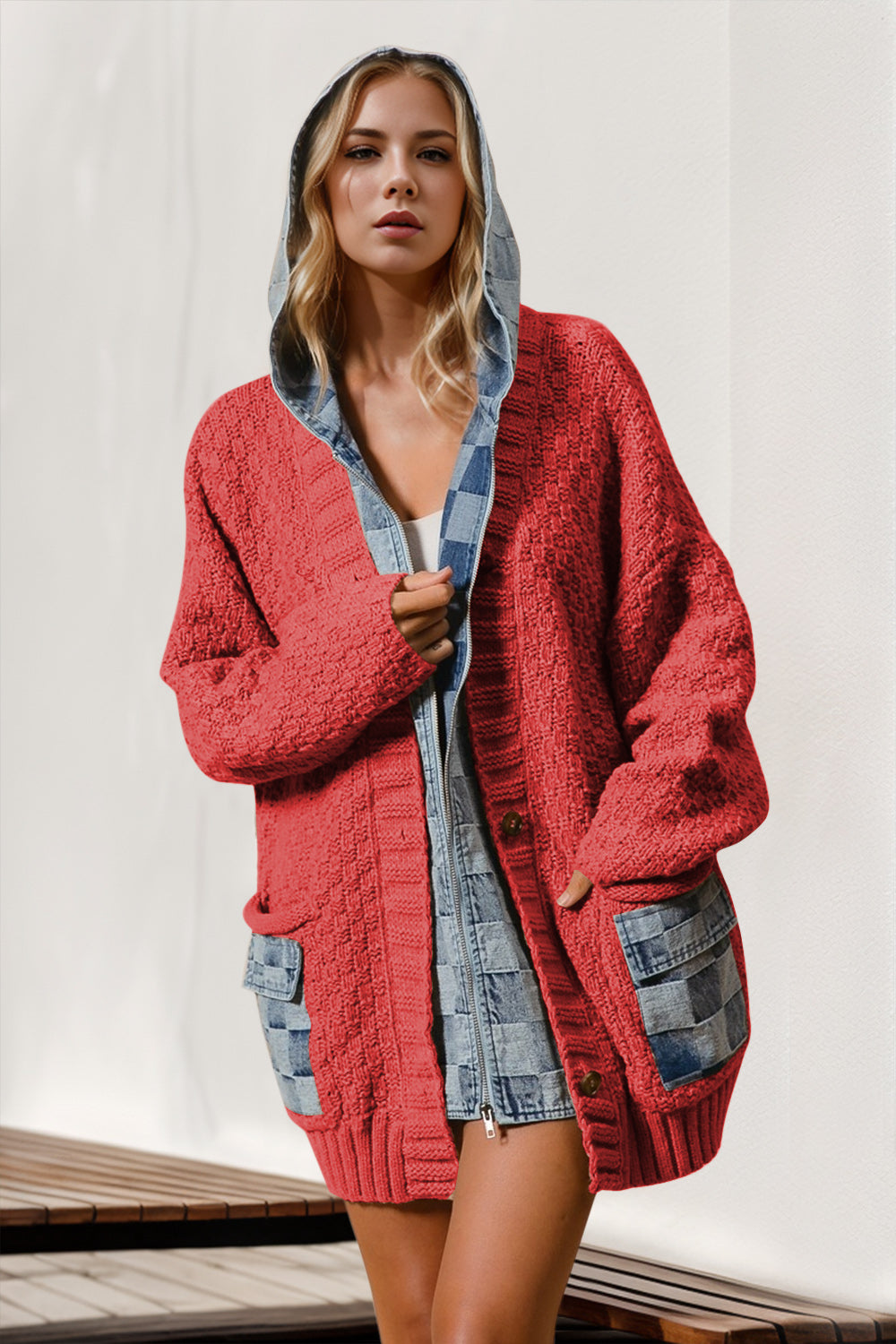 Double Hooded Denim Spliced Cardigan - HOORR