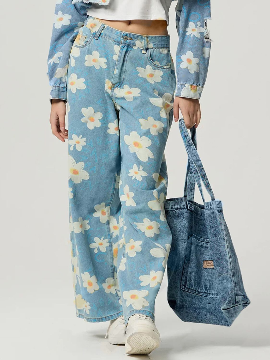 Pocketed Floral Wide Leg Jeans - HOORR