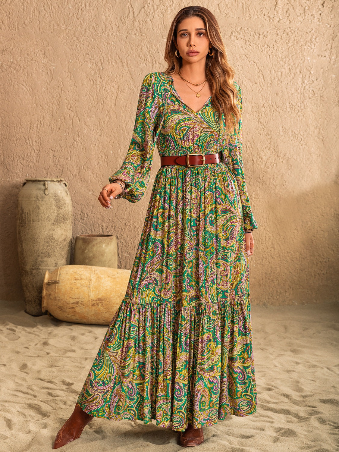 Printed Tie Neck Long Dress - HOORR