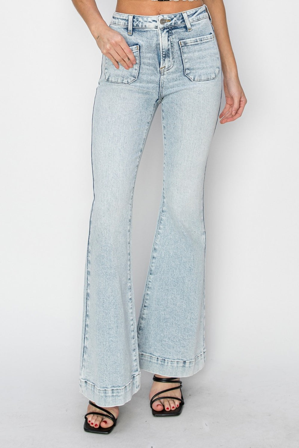 High Rise Front Patch Flare Jeans