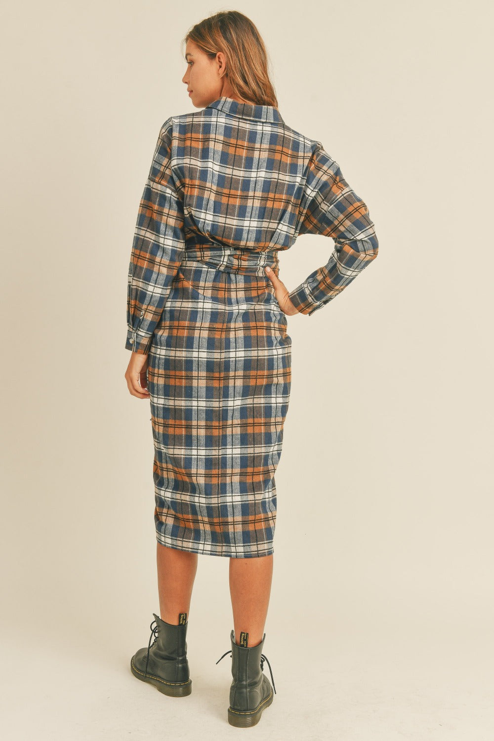 Flannel Front Tie Button Shirt Dress - HOORR