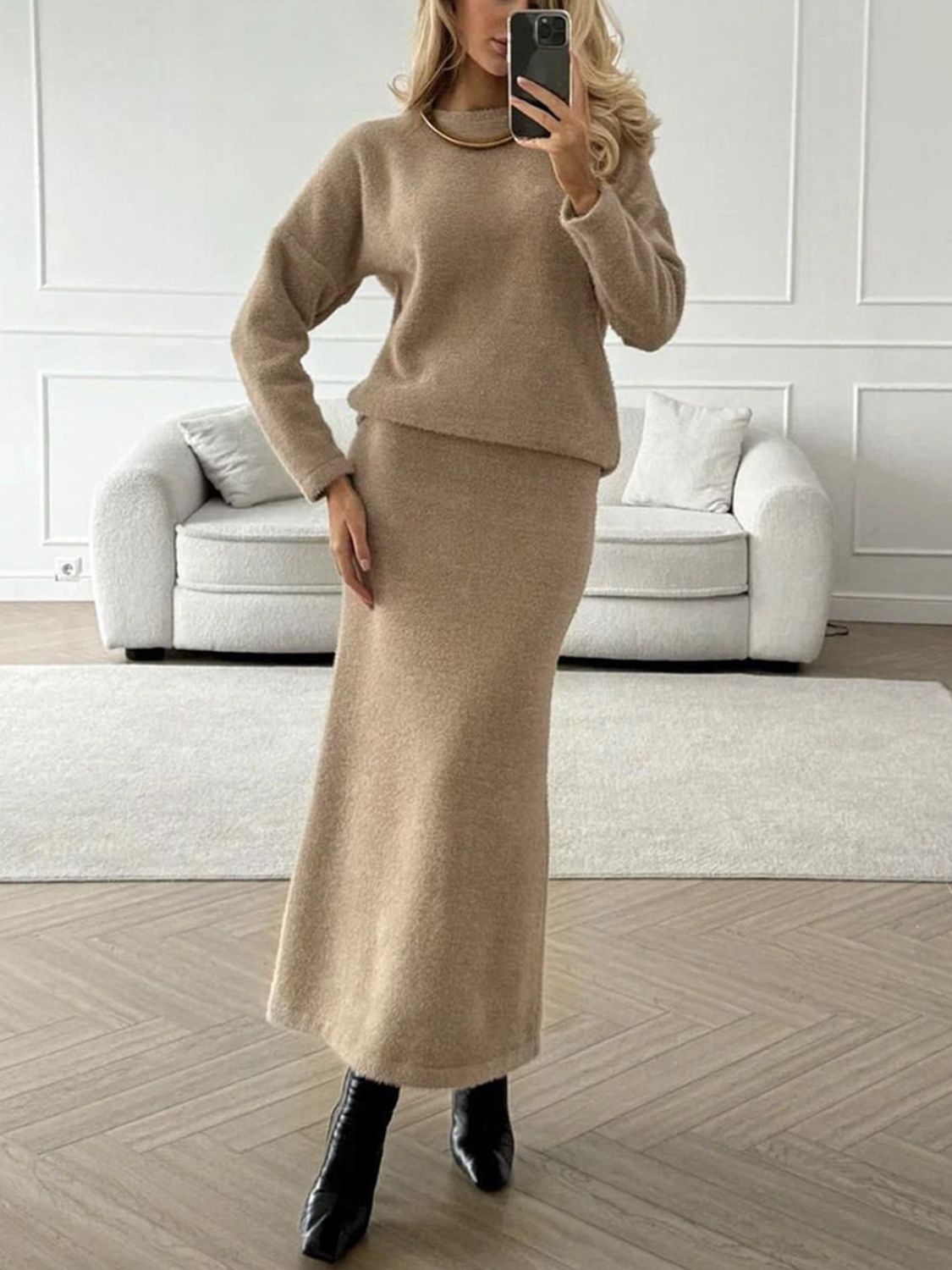 Top and Midi Skirt Sweater Set - HOORR