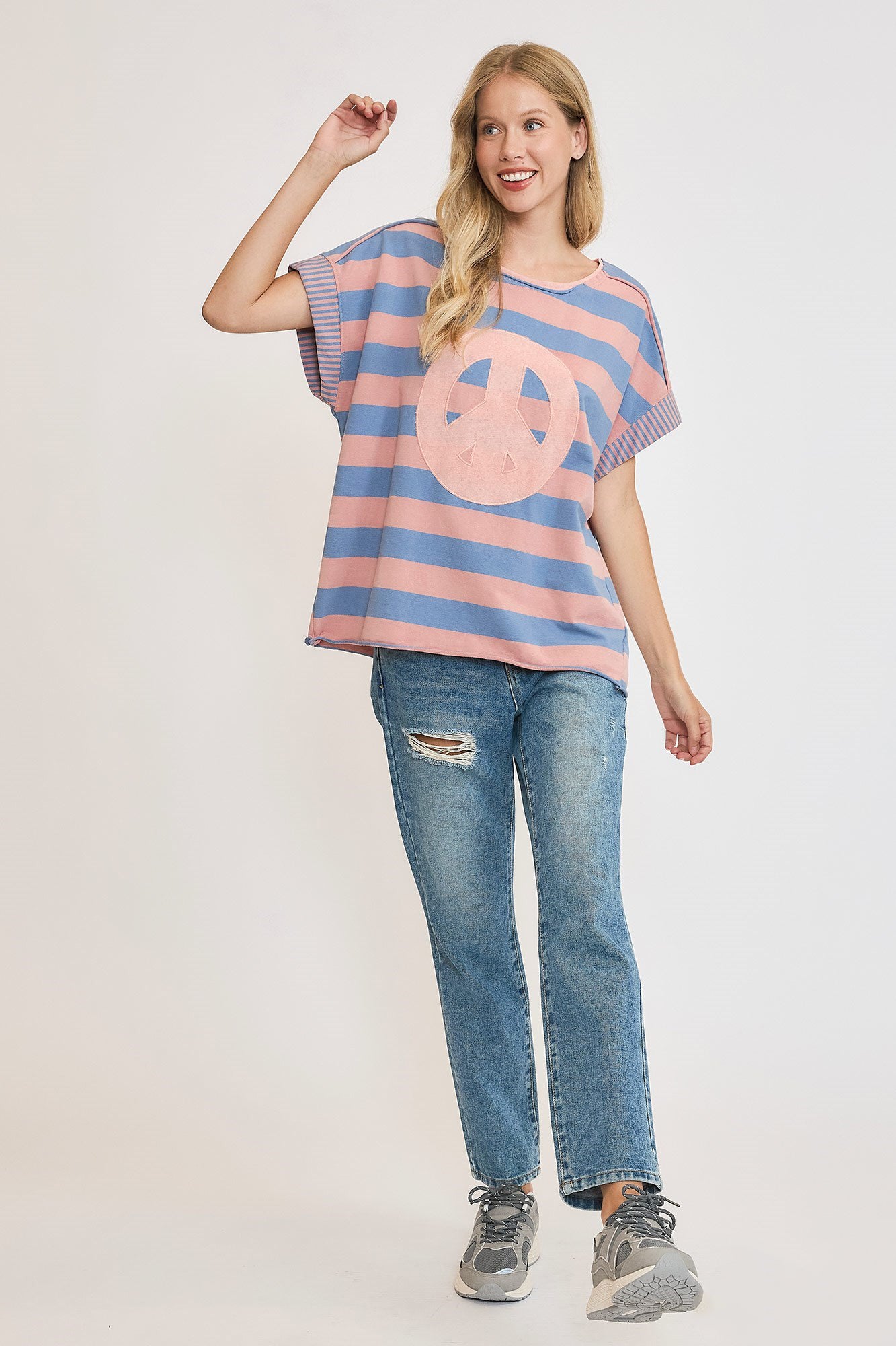 Umgee Peace Sign Patch Striped French Terry T-Shirt - HOORR