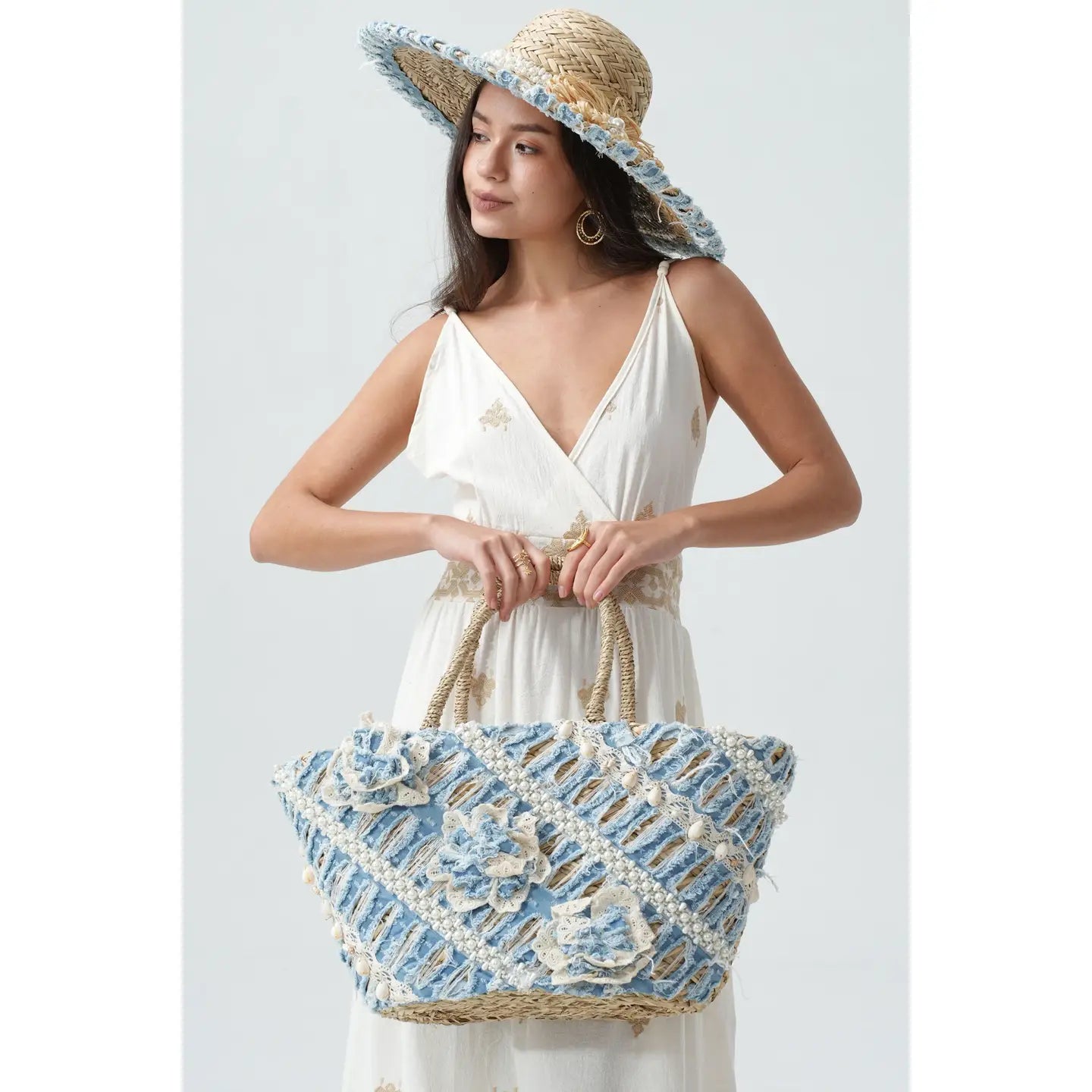Fairy Denim Adorned Beads Basket