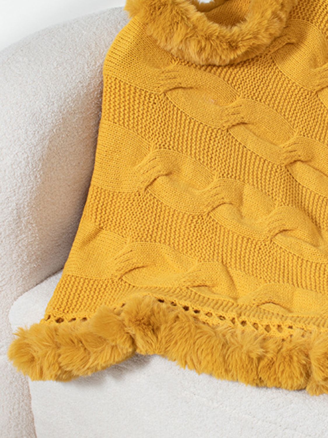 Fuzzy Hem Cable-Knit Poncho - HOORR