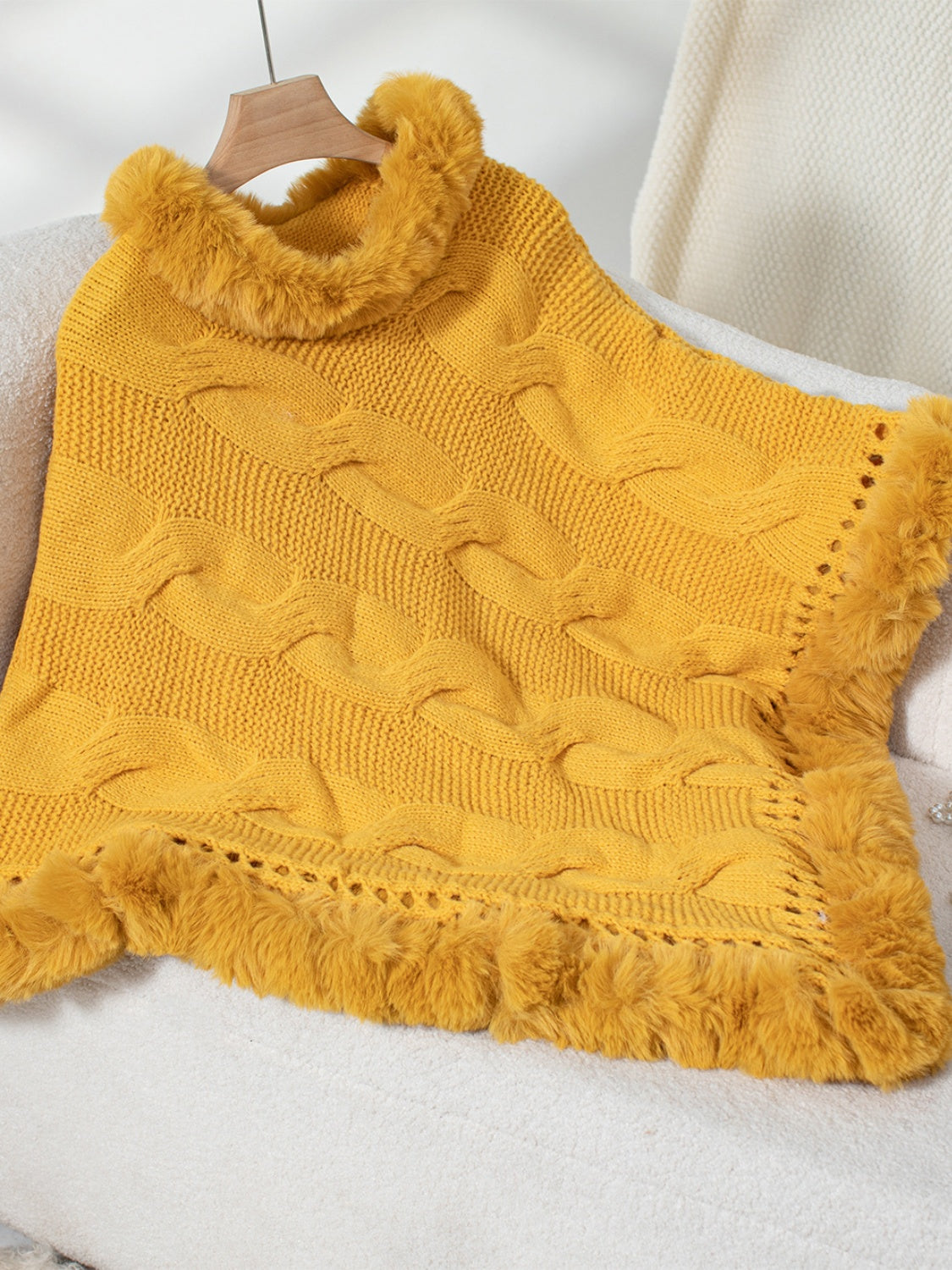 Fuzzy Hem Cable-Knit Poncho - HOORR